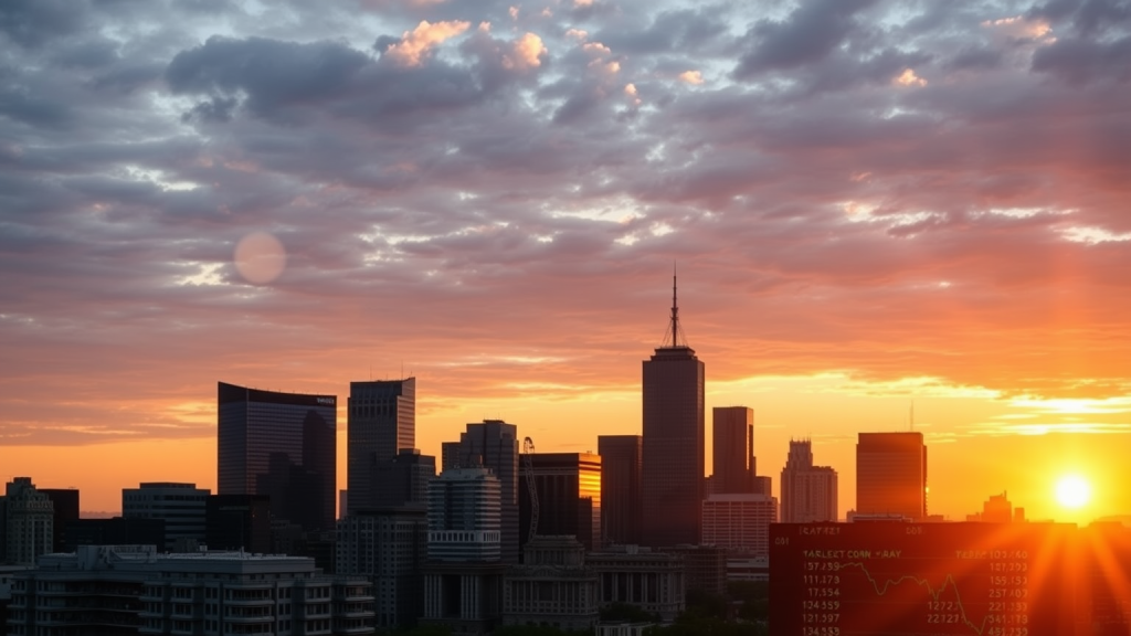 Stadtsilhouette des Finanzviertels im Sonnenaufgang