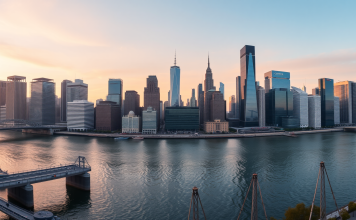 Moderne Finanzdistrikt-Skyline bei Sonnenaufgang