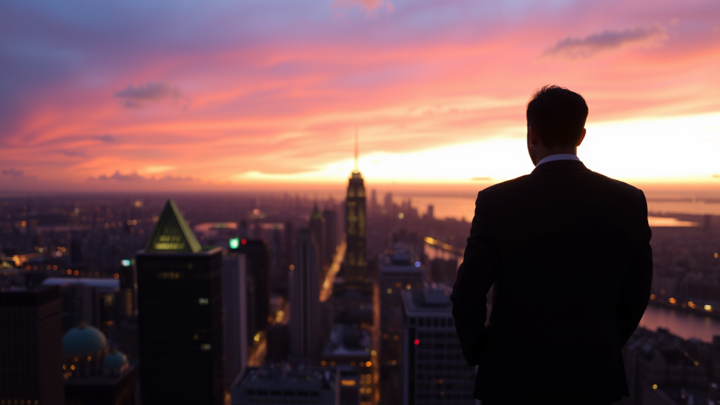 Silhouette eines Investors bei Sonnenaufgang