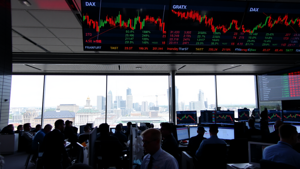 Handelsböden mit DAX-Charts und Frankfurter Skyline.