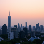 Moderne Stadt bei Sonnenuntergang