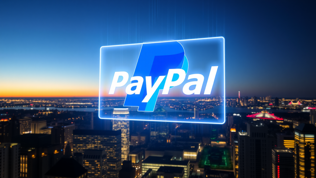 PayPal-Logo als Hologramm über Stadt mit Aktiencharts