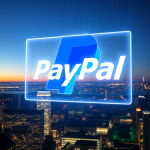 PayPal-Logo als Hologramm über Stadt mit Aktiencharts