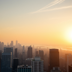 Morgensonnenaufgang über Finanzviertel.