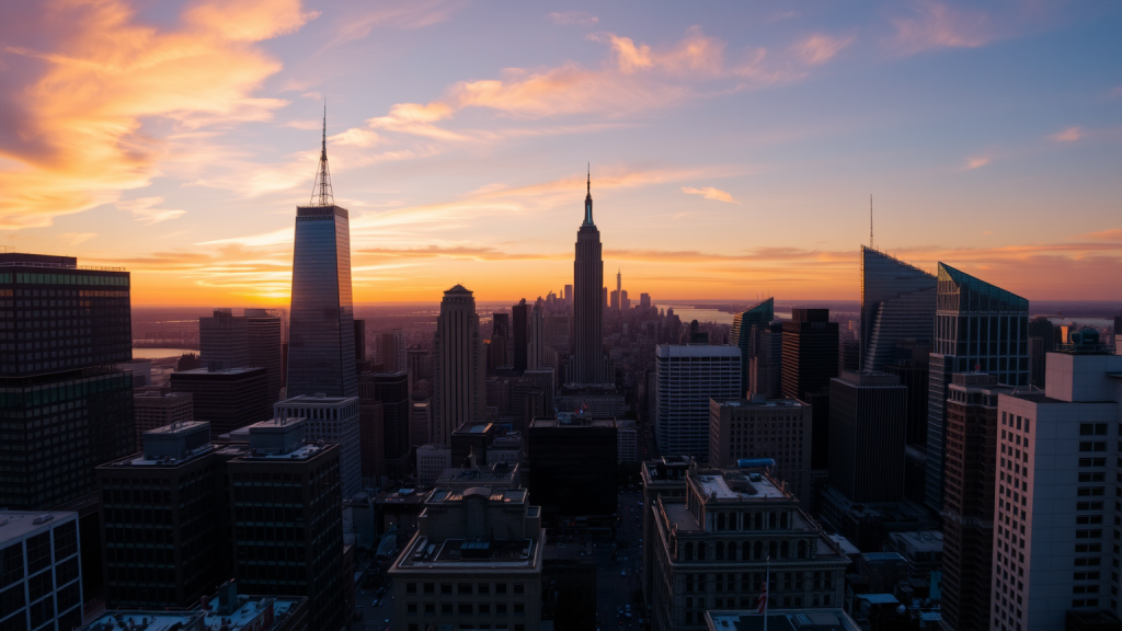 Blick auf das Finanzviertel bei Sonnenuntergang