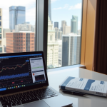 Büro mit Panoramafenster und Laptop, der Markttrends anzeigt