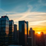 Städtische Skyline bei Sonnenuntergang mit Hochhäusern und geschäftigen Aktienhandel.