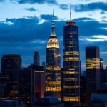 Eine Finanzdistrikt-Skyline bei Dämmerung mit beleuchteten Wolkenkratzern.