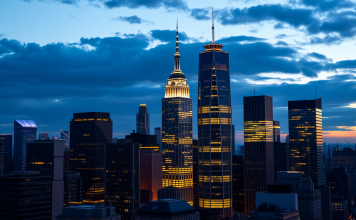 Eine Finanzdistrikt-Skyline bei Dämmerung mit beleuchteten Wolkenkratzern.