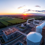 Panoramablick auf Siemens Energy Wasserstoffanlage im Sonnenuntergang