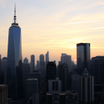 Finanzviertel bei Sonnenuntergang mit ruhigem Himmel