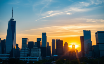 Stadt-Skyline bei Sonnenuntergang.