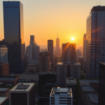 Finanzviertel im Morgengrauen mit goldener Sonnenaufgang