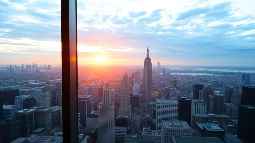 Sonnenaufgang über der Stadt aus Bürofenster