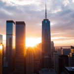 Finanzdistrikt bei Sonnenuntergang, Wolkenkratzer