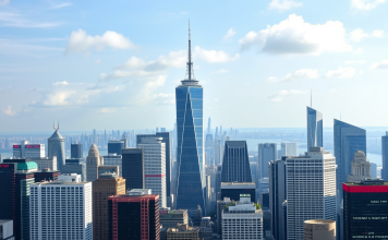 Skyline einer Metropole mit Börsentickern