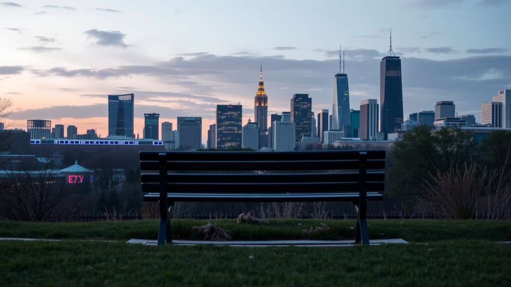 Parkbank mit Blick auf das Finanzviertel bei Dämmerung