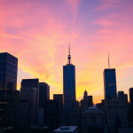 Stadtbild bei Sonnenuntergang, Finanzinstitutionsgebäude