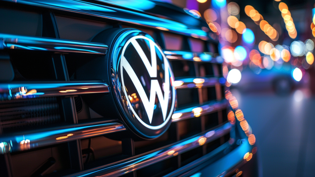 Nahaufnahme des Volkswagen-Logos am Kühlergrill eines neuen, glänzenden SUVs mit reflektierenden Stadtlichtern