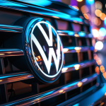 Nahaufnahme des Volkswagen-Logos am Kühlergrill eines neuen, glänzenden SUVs mit reflektierenden Stadtlichtern