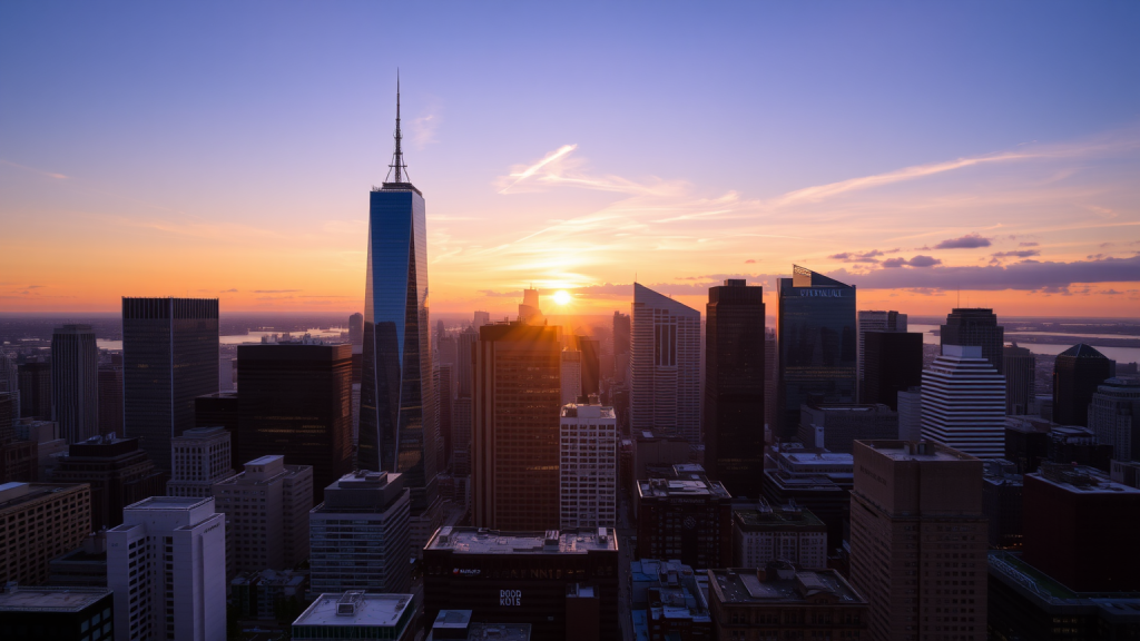 Finanzviertel Skyline bei Sonnenuntergang