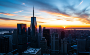 Dramatischer Sonnenuntergang über Finanzdistrikten