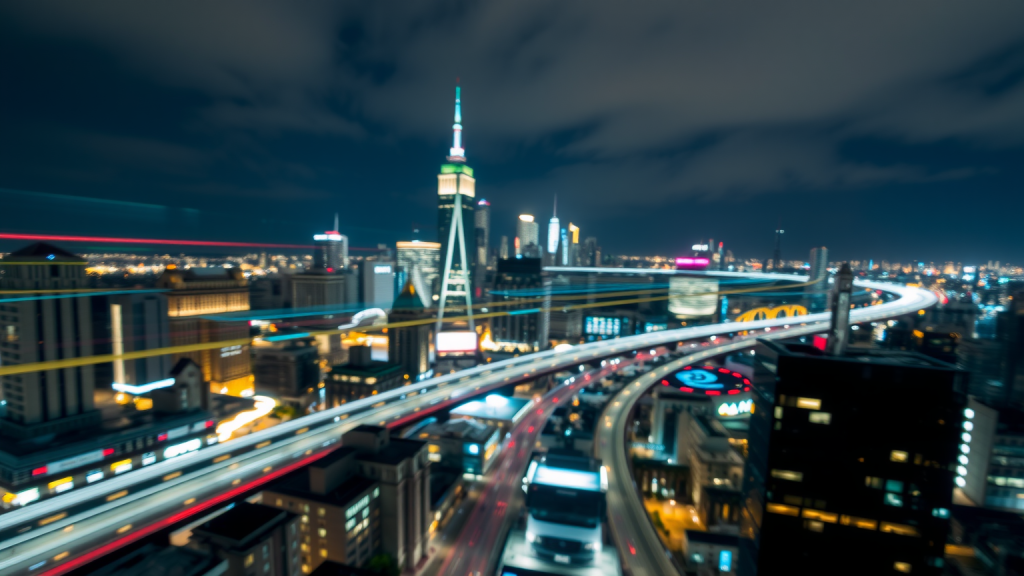 Langzeitbelichtung einer Stadtansicht bei Nacht mit Lichtspuren