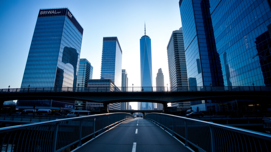 Brücke zum Finanzviertel bei Morgendämmerung