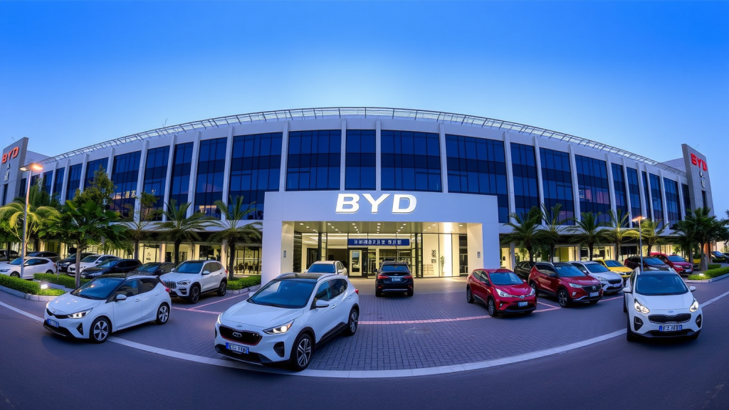 BYD-Hauptsitz mit Elektrofahrzeugen am Eingang