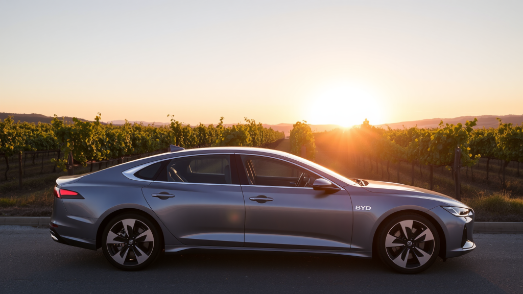 BYD-Elektroauto beim Sonnenuntergang im Weinberg