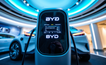 Nahaufnahme von BYD-Batterieladesystem in Showroom