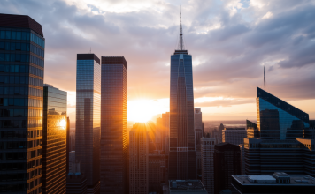 Finanzdistrikt bei Sonnenuntergang, Wolkenkratzer