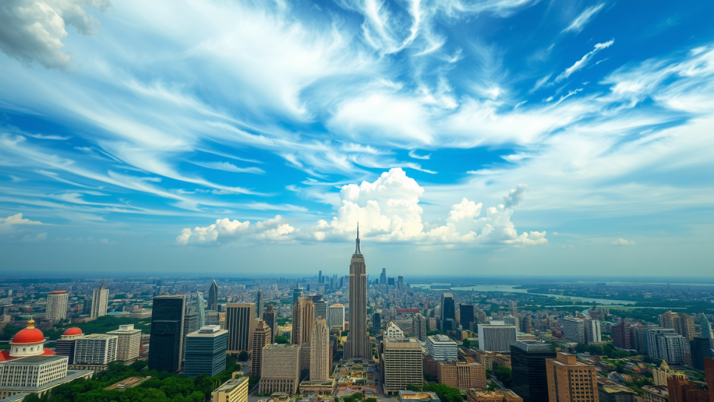 Finanzdistrikt unter Datenwolken im Himmel.