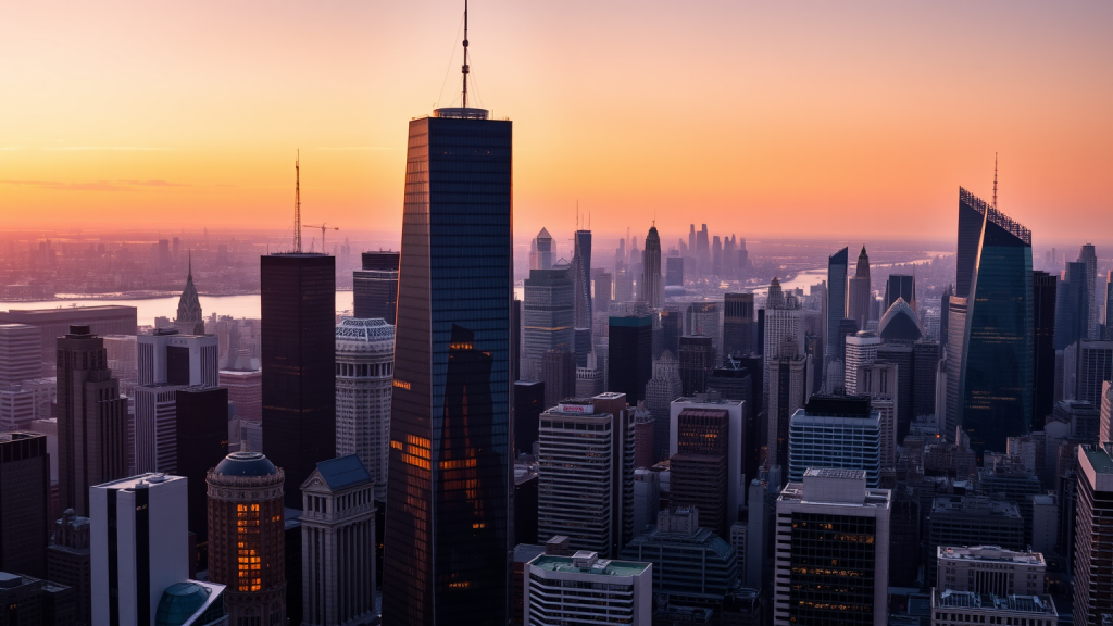 Finanzdistrikt bei Sonnenuntergang mit Wolkenkratzern