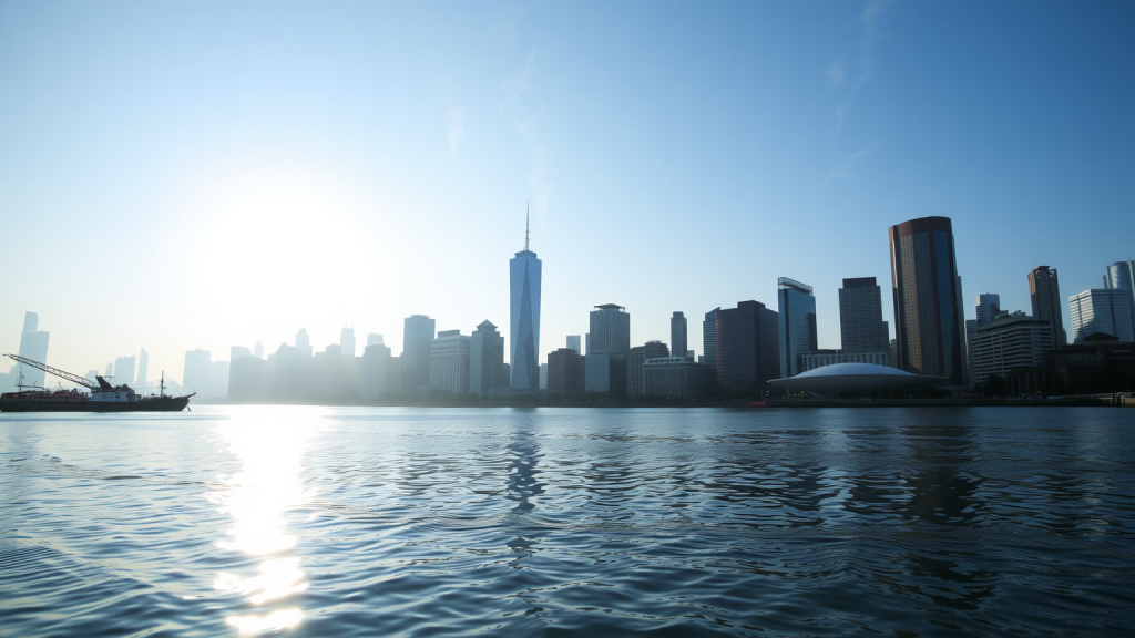 Finanzbezirk am Wasser bei Sonnenaufgang mit Börsendaten