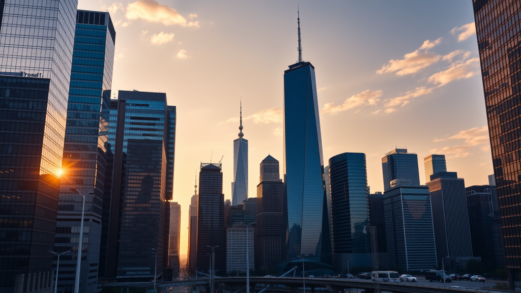 Moderne Finanzdistrikt-Skyline bei Sonnenuntergang