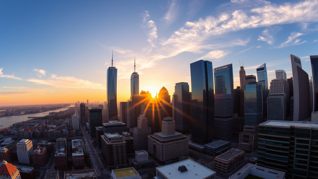 Panorama eines Finanzzentrums im Morgengrauen mit Sonnenaufgang.