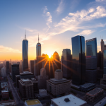 Panorama eines Finanzzentrums im Morgengrauen mit Sonnenaufgang.