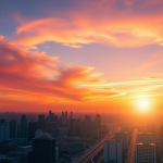 Sonnenaufgang über Stadt mit Marktdaten