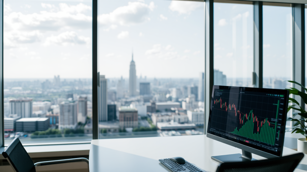 Büro mit Blick auf Stadt und Marktdiagramm