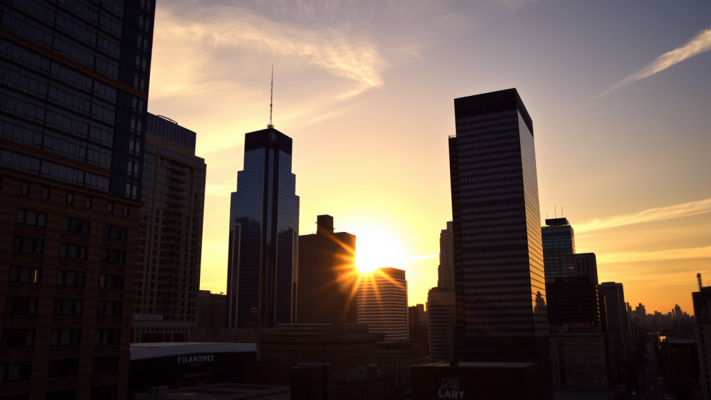 Sonnenaufgang über dem Finanzviertel einer Stadt