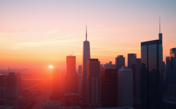 Stadt-Skyline bei Sonnenaufgang, abstrakte Hochhäuser als Finanzgraphen.