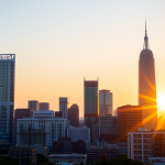 Stadtpanorama bei Morgendämmerung mit Börsengebäuden