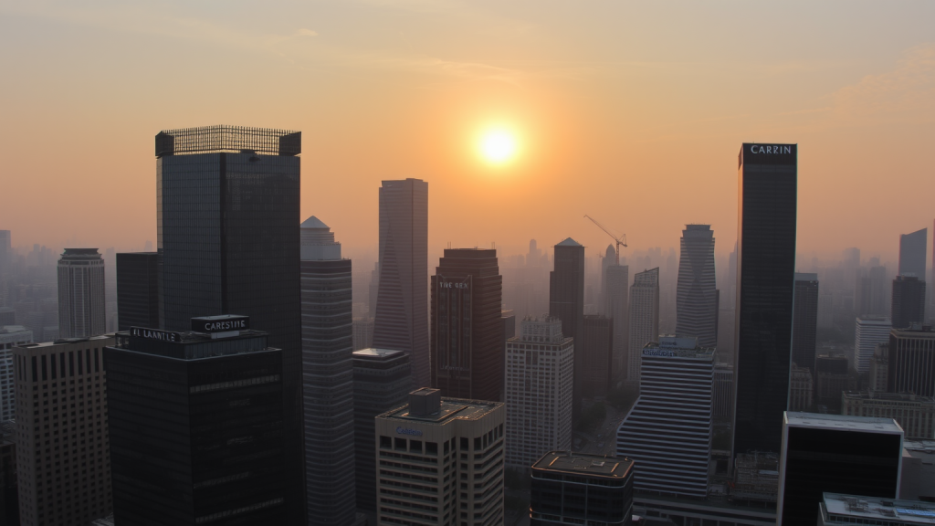 Geschäftiges Finanzviertel im Sonnenuntergang