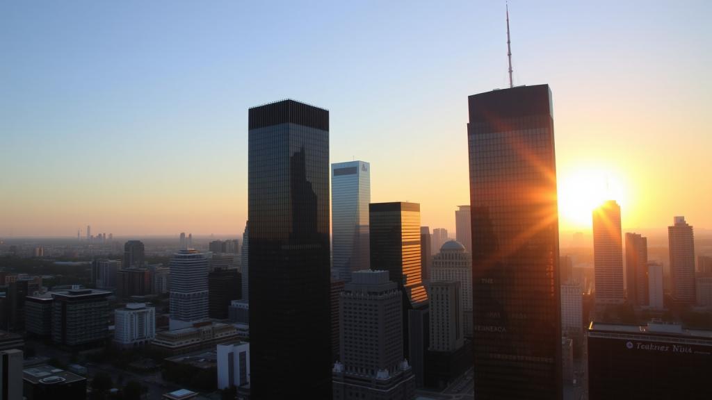 Panoramaansicht eines Finanzviertels bei Sonnenaufgang