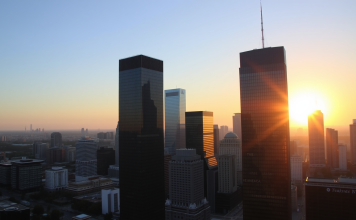 Panoramaansicht eines Finanzviertels bei Sonnenaufgang