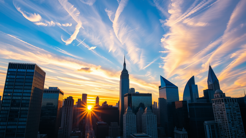 Stadtbild bei Sonnenaufgang, Finanzbezirk.