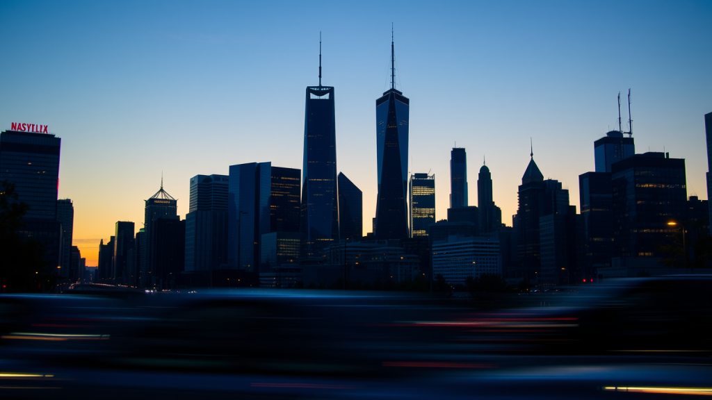 Skyline des Finanzdistrikts bei Sonnenuntergang