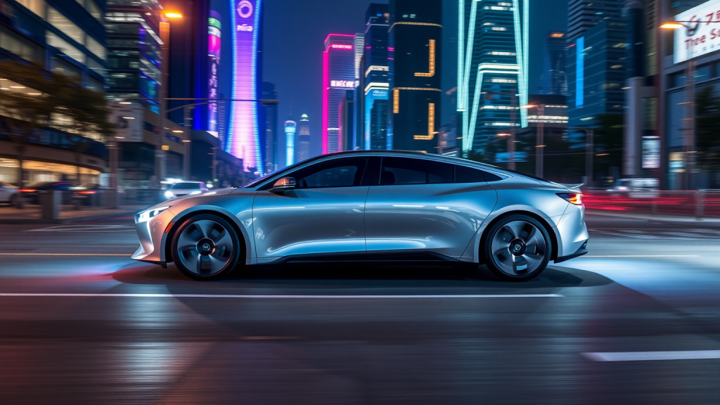 Nio-Limousine in futuristischer Stadt bei Nacht