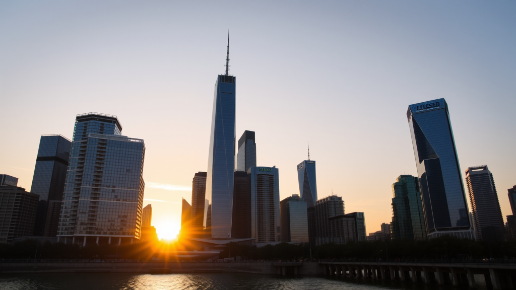 Finanzdistrikt bei Sonnenaufgang, symbolisiert wirtschaftliches Wachstum